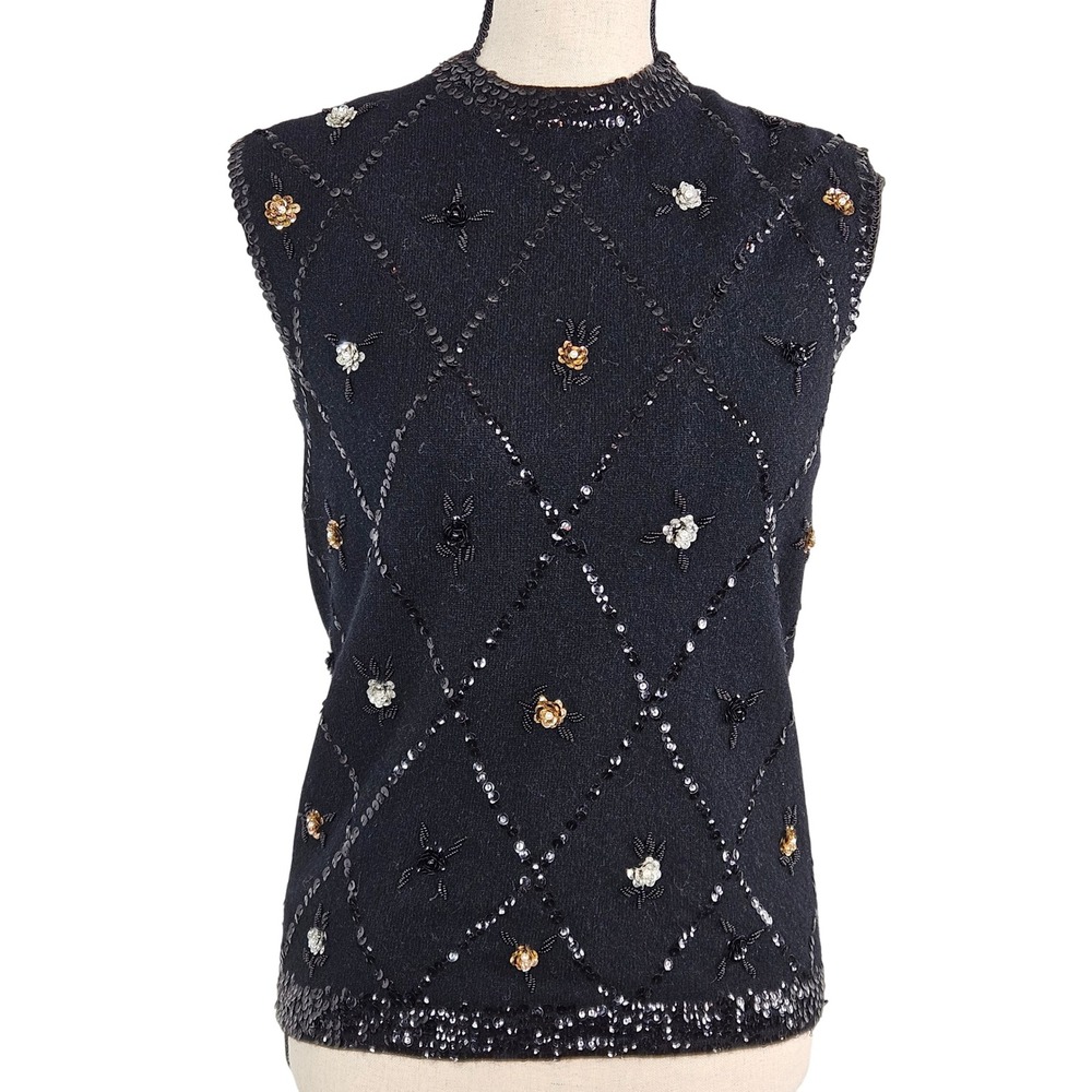 Marchessa International Vintage Black Sleeveless Sweater Women 36 Sequin Wool